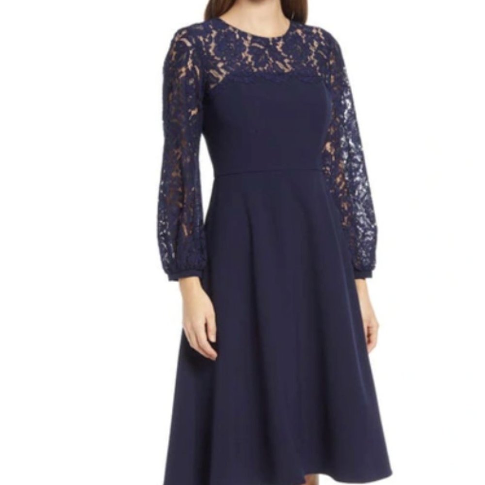 Eliza J  Lace Long Sleeve Midi Dress Womens 8 Navy Blue